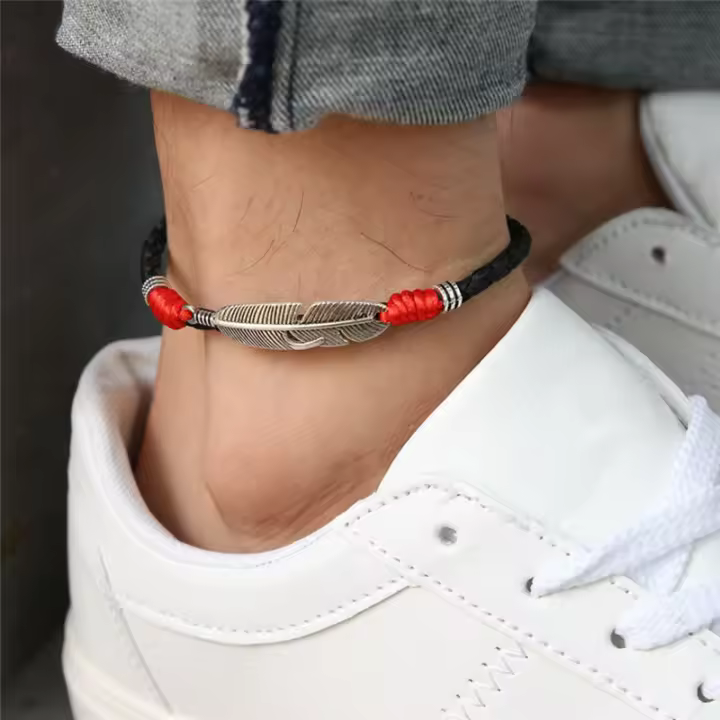 Anklet De Cuero Para Hombres Y Mujeres Con Encanto De Hoja De Pluma Hecho a Mano Cadena De Pie Para Playa Joyería De Sandalias Sin Metal - 1
