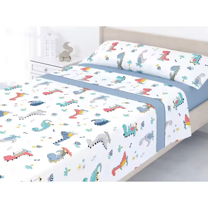 ANGAMA TEXTIL -  Sábanas de Invierno, juego de  3 Piezas Infantiles, calidad Pirineo perchado a doble cara, Tacto Extra Suave, compuesto por Sábana bajera ajustable, Sábana encimera, mas 1 funda de almohada. diseños - Unicornios y dinosaurios. - 1