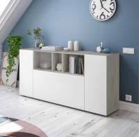 Meimon LOIRA Aparador 3 puertas en melamina E1 con estantes interiores regulables, zona central abierta en acabado madera, pistones 60Nw, bisagras metálicas, trasera MDF lacada, patas ABS ocultas. Medidas: 150x41x76 cm. Blanco Artik - details 1