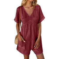 Monos De Verano Casuales Para Mujer Con Hombros Descubiertos Y Mangas Cortas Ruched Estilo Romper De Piernas Largas Con Bolsillos De Poliéster - details 3