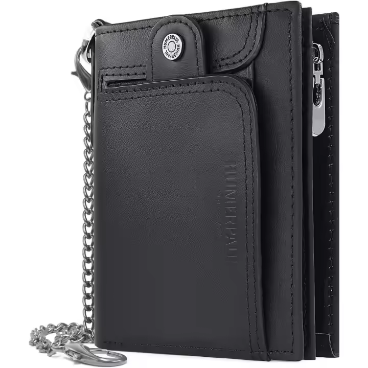 Cartera de cuero con bloqueo para hombreMonedero para hombre con cadena, cartera pequeña para hombre y tarjetero, cartera clásica con bolsillo para monedas(negro) - 1