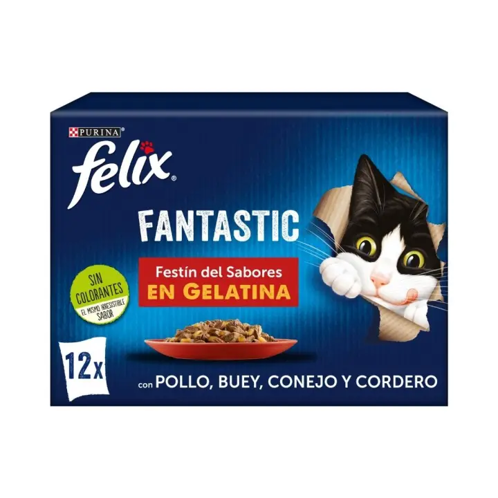 FELIX Fantastic Festín de Sabores en Gelatina - Alimento Húmedo Completo para Gatos Adultos (Buey, Conejo, Pollo y Cordero) - 1