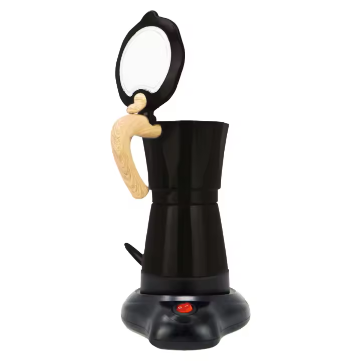 Cafetera italiana eléctrica Jocca con tapa transparente, base giratoria 360°, capacidad para 6 tazas (300 ml), filtro extraíble, interruptor luminoso, diseño elegante en aleación de aluminio y detalles en madera, café en solo 7 Minutos - 480W - 1