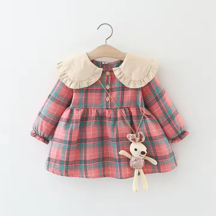 Conjunto De 2 Vestidos Para Niñas Con Colgante De Conejo Estilo Princesa De Primavera Y Otoño Largo Con Mangas Plaid Gran Escote Vestido De Algodón Y Poliéster - 1