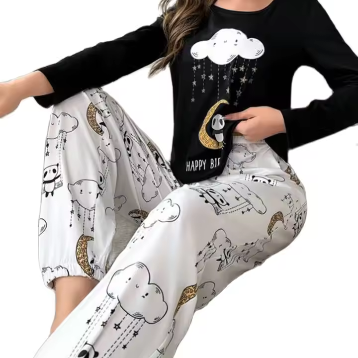 Conjunto De Pijamas Para Mujer Con Estampado De Panda Y Nube Larga Manga Cuello Redondo Y Joggers Elásticos Dormitorio Cómodo De Poliéster Y Elástano - 1