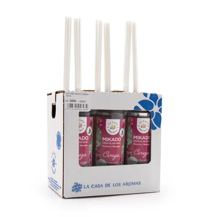La Casa de los Aromas - Ambientador Mikado Aroma Cereza - Set Difusor Líquido para Reposición con Varillas - Fragancia Duradera - Ideal para el Hogar, Baño, Casa - 6 x 100 ml - 1