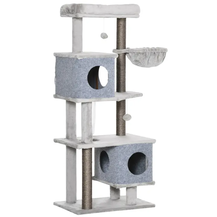 PawHut Rascador para gatos de 142 cm de altura con 4 niveles, árbol trepador con 2 casas para gatos, plataformas, cesta, columna de sisal, pelota de juego, rascador para gatos, protección de punta, felpa gris - 1