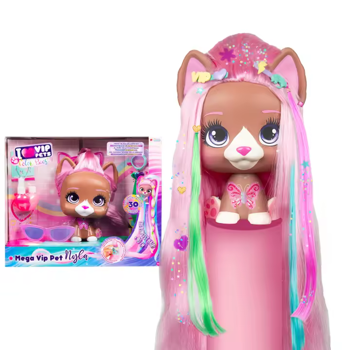 Vip Pets Mega Pet Nyla, Busto muñeca para peinar con pelo extra largo y tiza de pelo con 30 Accesorios, Regalo y juguete para niñas y niños de +3 años - 1