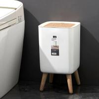 Bandeja De Basura Con Tapa Y Prensa Para Sala De Estar Baño Cocina Caja De Basura De Madera Imitada Con Pie Alto - details 1