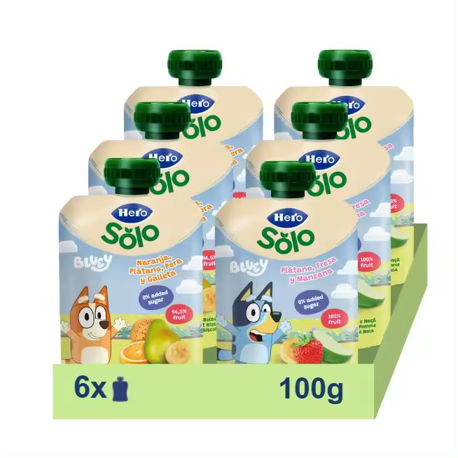 Hero Baby Pack Mixto de Bolsitas (Plátano, Fresa y Manzana+ Naranja, Plátano, Pera y Galleta). Pack 6x100gr - 1