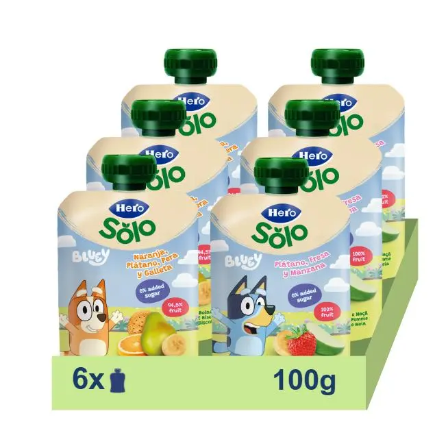 Hero Baby Pack Mixto de Bolsitas (Plátano, Fresa y Manzana+ Naranja, Plátano, Pera y Galleta). Pack 6x100gr - 1
