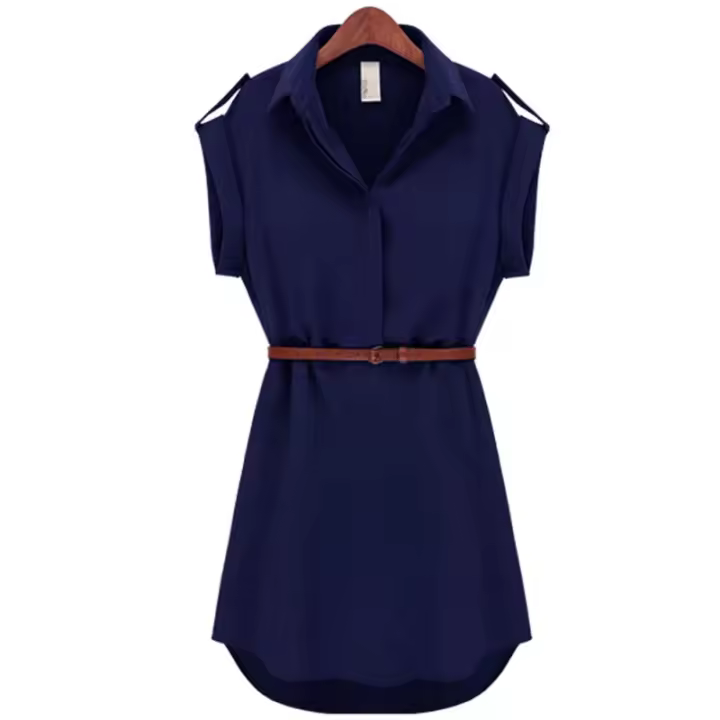 Vestido De Mujer Verano Chiffon Con Cinturón Estilo Oficina Y Fiesta Manga Corta Cuello En V Silueta A-Line Talla Slim - 1
