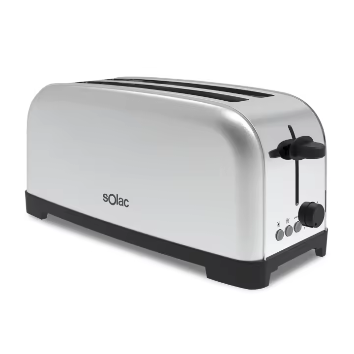 Solac - Tostadora electrica Yé-Yé  1400W  6 niveles de tostado  2 ranuras extra largas, anchura variable  Funciones: stop, recalentar y descongelar  Bandeja recoge migas  Acero inoxidable - 1