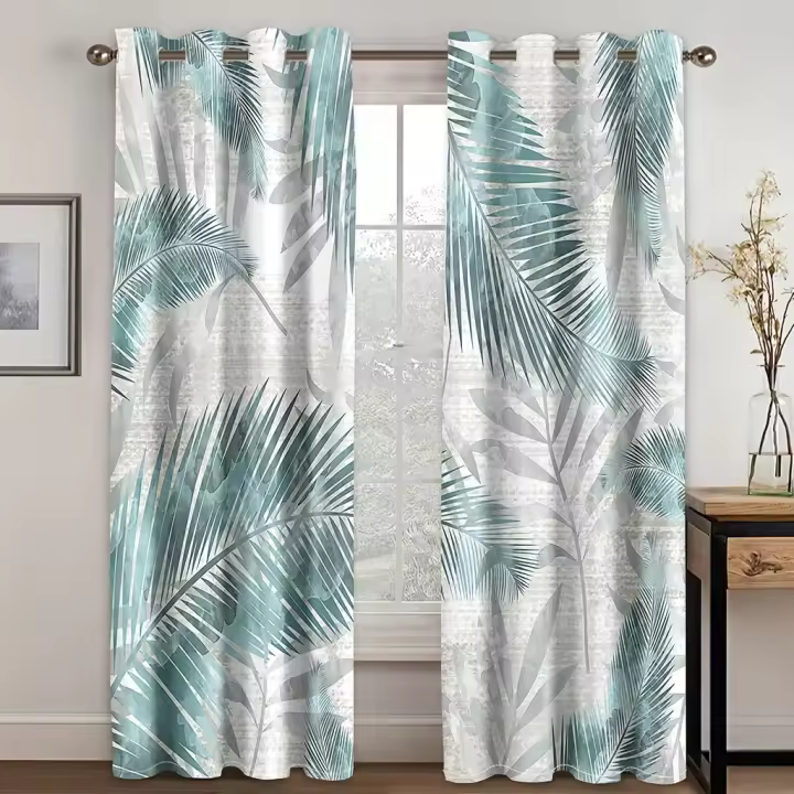 2pcs Cortinas Azules Con Patrón De Hojas De Palma Tropical Cortinas De Ventana Naturales Para Dormitorio Oficina Cocina Sala De Estar Tratamiento De Ventanas - 1