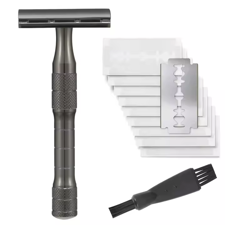 Afeitadora De Seguridad Reutilizable Para Hombres Con 10 Hojas De Afeitar Doble Orilla Platinadas Cuchilla De Zinc Aleación Y Mango De Aluminio Para Principiantes - 1