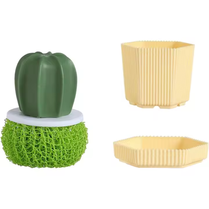 Verde - Cepillo de Limpieza de Cocina - Cepillo para Lavar Platos - Cactus - Bola de Limpieza Nano con Mango - Tamaño único - 1