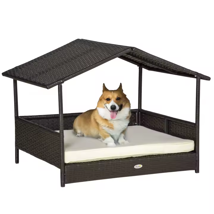 PawHut Casa para Perros de Ratán con Cojín, Cama para Perros con Forma de Casa, Caseta para Perros para Exterior, Estructura de Acero, Plástico, Marrón Café, 69 x 98 x 70 cm - 1
