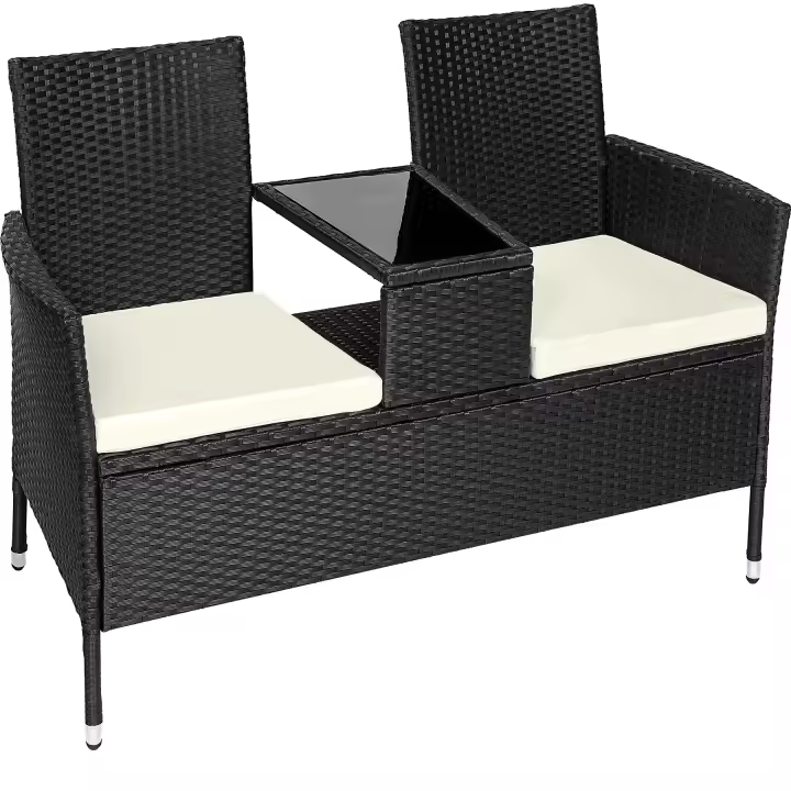 Tectake - Banco de jardín NARBONNE de poliratán con mesa, Banco de poliratán de alta calidad, Cómodos cojines con grosor de 6 cm para un confort óptimo, muy fácil de limpia, Mesita de cristal integrada - 1