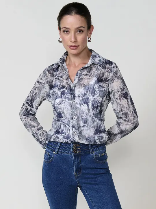 Koroshi - Camisa de mujer en chifón semitransparente con estampado floral azul marino, manga larga y cuello camisero clásico para look elegante día o noche - 1