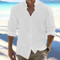 Camisa De Punto De Sarga Y Algodón Para Hombre Estilo Playa De Cuello En Pie Manga Larga Color Sólido Casual Versátil - details 2