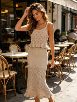Conjunto De Ropa Elegante Para Mujer 2 Piezas Primavera/Verano 2026 Camisola Y Falda Midi De Punto Con Volante Y Salto Hollow out - details 3