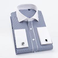 Camisa De Manga Larga Para Hombre Con Cuello Windsor Y Faldón Contrastante Estilo Formal Ajustada Con Patrón Rayado Y Cuello Francés - details 19