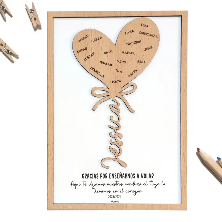 Regalo original para maestras | Regalos Profesores Profes | Placa corazón globo nombres | Regalar a seño, maestro, profe | Frase y nombres alumnos para fin de curso| Lulamuk - 1