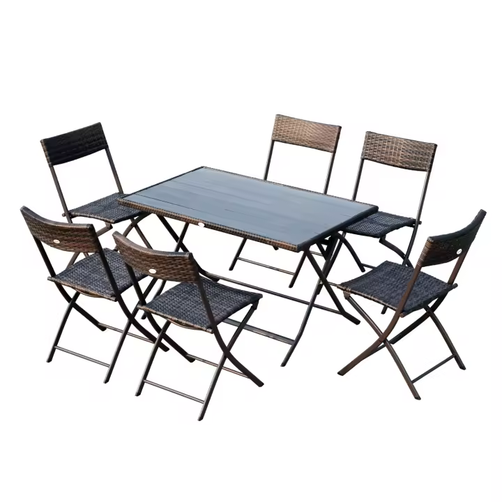 Outsunny Conjunto de Comedor Ratan Mesa y Sillas Muebles Plegable Ratán para Jardín Exterior Patio Terraza 7 Pcs Acero Color Marrón - 1
