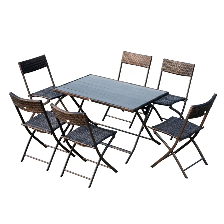 Outsunny Conjunto de Comedor Ratan Mesa y Sillas Muebles Plegable Ratán para Jardín Exterior Patio Terraza 7 Pcs Acero Color Marrón - 1