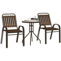 Outsunny Conjunto Jardín Exterior de 3 Piezas Juego de Muebles de Jardín con 2 Sillas Apilables Mesa con Encimera de Vidrio Templado y Estructura de Acero para Terraza Patio Balcón Marrón Oscuro - details 0