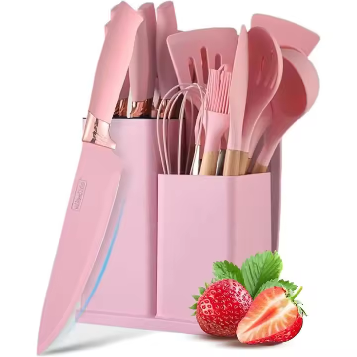 Justup ONEFNG OF2330 Juego de cuchillos con bloque de cuchillos, juego de cuchillos de cocina rosa con bloque, 19 piezas, utensilios de cocina con 6 juegos de cuchillos y 11 espátulas de silicona, antiadherente, - 1