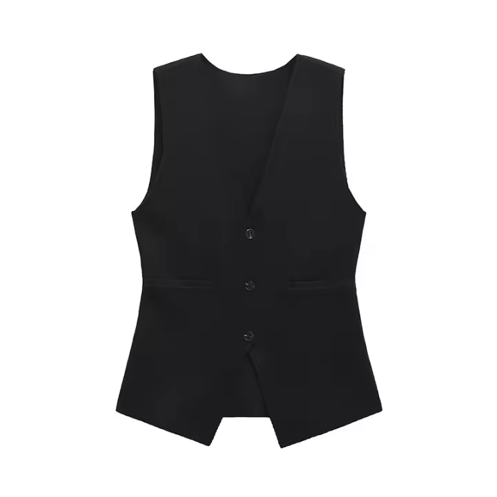 Chic Top de Tanque Elegante Vestido de Oficina para Mujeres Negras Cuello en V, Sin Mangas, Cintura Delgada - 1
