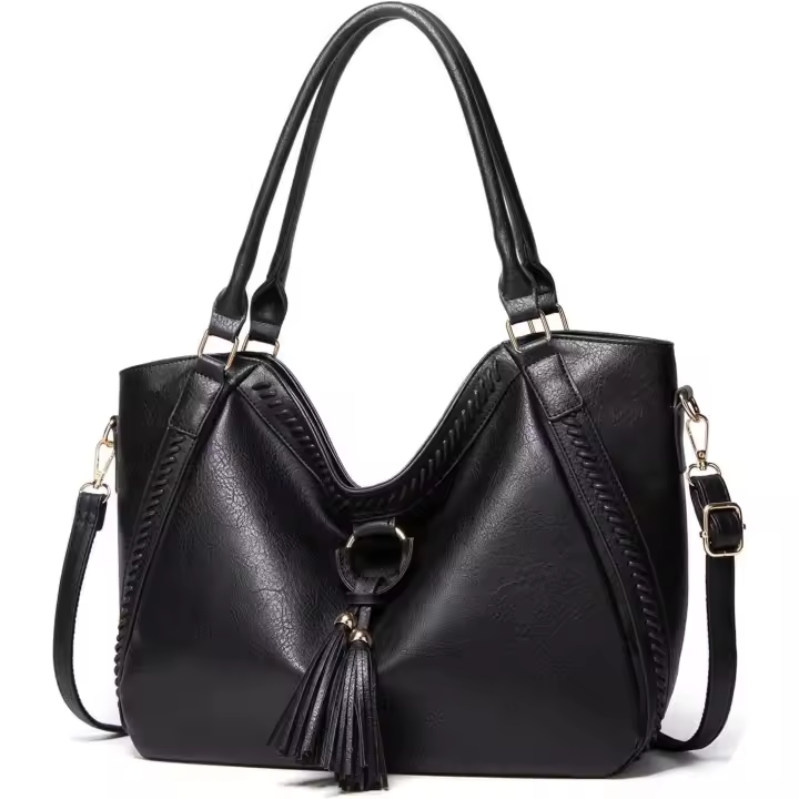 Bolsos de Mujer, Bolso Shopper con Flecos Bolso Bandolera de Moda en PU Cuero Bolso de Mano para Trabajo, Diario y Fiestas,Negro - 1