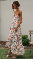 Vestido Maxi Bohemio De Verano Para Mujer En Chiffon Floral Sin Mangas Cuello En V A-Line Largo Con Espalda Descubierta Y Volante - details 14