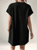 Vestido Corto Casual De Color Sólido Con Mangas En Forma De Murciélago Y Bolsillo Invisible Para Mujer Vestido De Verano De Polyester - details 2
