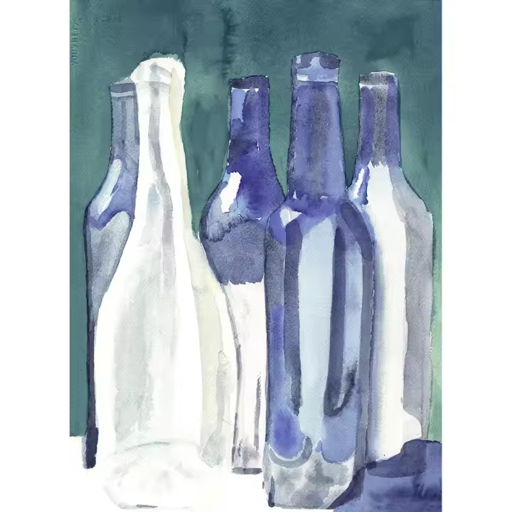 Cuadro decorativo vertical grande "REFLEJOS DE CRISTAL" 85x120 100x140  salon comedor Lienzo de alta calidad Acuarela contemporánea con botellas verdes azules y blancos pintura minimalista botellas moderno arte contemporáneo Ref ANA DURAN  A 139 - 1