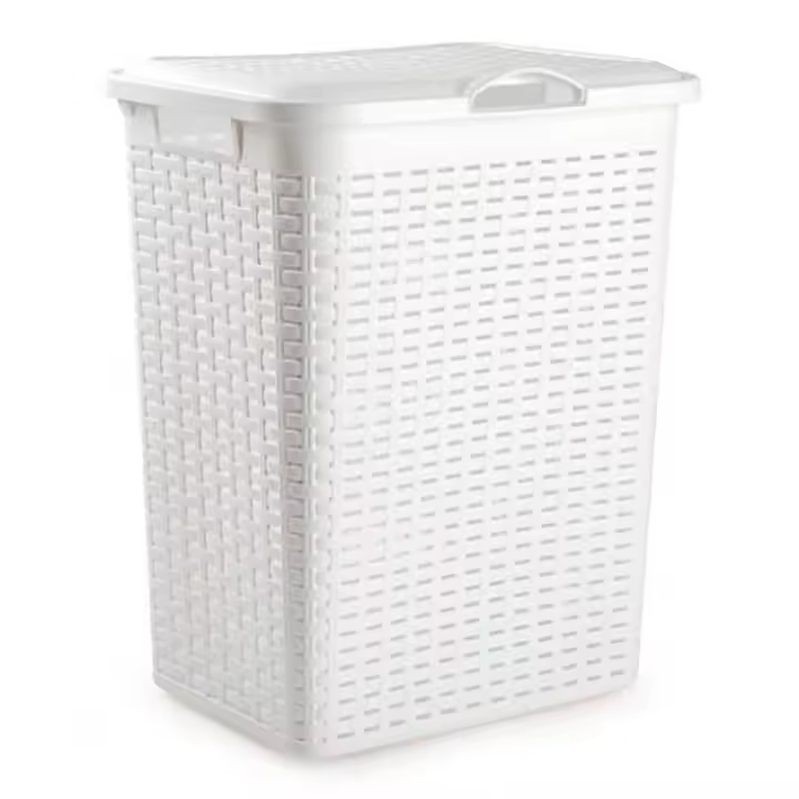 Tradineur - Cesto rattan para ropa sucia con tapa y asas, pongotodo de plástico, cubo para colada, imitación de mimbre, fabricado en España (Blanco - 38 litros - 49 x 38,5 x 29,5 cm) - 1