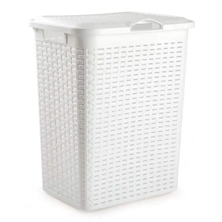 Tradineur - Cesto rattan para ropa sucia con tapa y asas, pongotodo de plástico, cubo para colada, imitación de mimbre, fabricado en España (Blanco - 38 litros - 49 x 38,5 x 29,5 cm) - 1