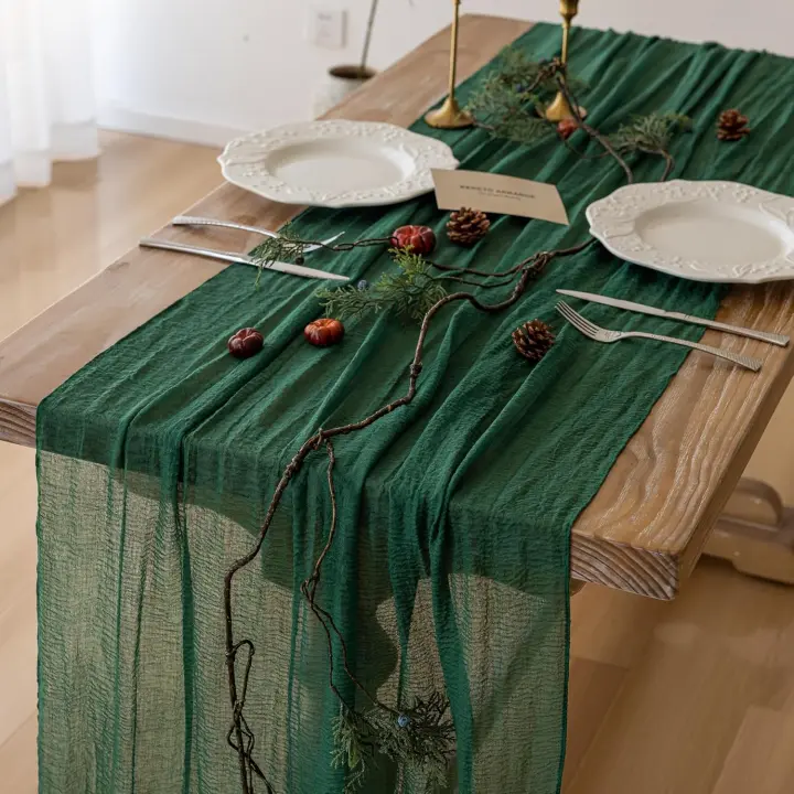 Keketoarrange 3pcs Emerald Green Cheesecloth Table Runner Gauze 120 Inch 10 FT Rustic Boho Cheese Cloth Runner for Wedding Baby Shower Bridal Shower Birthday Party Long Sheer Home Decorations - 1
