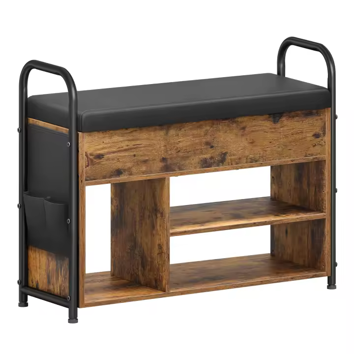 Banco Zapatero con Almacenamiento Interior - Mueble de Entrada con Bolsillos y Asas Cómodas, para Salón y Dormitorio, Marrón Rústico y Negro Tinta, 30x80.6x62.5 cm - 1