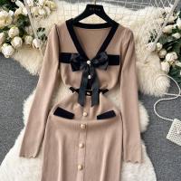 YuooMuoo Vestido Elegante Bodycon Para Mujer Con Cuello V Y Lazo Manga Larga Split Frontal Estilo Oficina Lady Chic Para Fiesta Y Trabajo - details 17