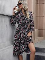 Vestido Casual De Mujer Con Estampado Floral Cuello V Manga Larga A-Line Longitud De Rodilla Cintura Alta Primavera Otoño Invierno - details 2