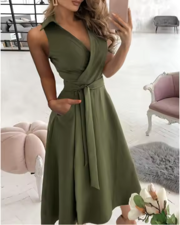 Vestido Midi Con Bolsillos Para Mujer Estilo Casual Primavera Verano Cuello Enrollado Corto Manga Tunic Wrap Vestido Silueta Asimétrica V-Neck Sashes Office Lady Mid-Calf Polyester - 1
