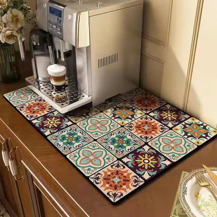 Mantel De Cocina Absorbente Con Diseño Floral Clásico Tapete De Hierro De Diatomeas Para Máquina De Café Tapete De Barra Termoinsulante Lavable Antideslizante Para El Hogar Y Hoteles - 1