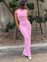 Vestido Maxi De Punto Para Mujer Verano Playa Sin Mangas Rosa Translúcido Ajustado Silueta A-Line Cuello Redondo Estilo High Street - details 16