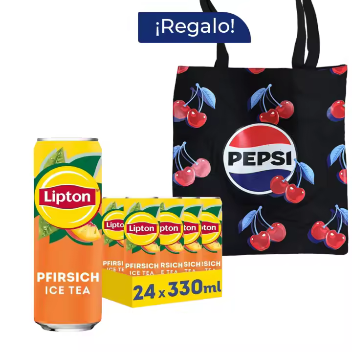 Pack Regalo Lipton Ice Tea Melocotón Zero 24 Latas x 330 ml + Tote Pepsi, Té Helado Sabor Melocotón, sin Azúcar Añadido, Deliciosa Bebida, Refrescante y Saludable, Refresco de Té, para Cualquier Momento del Día - 1