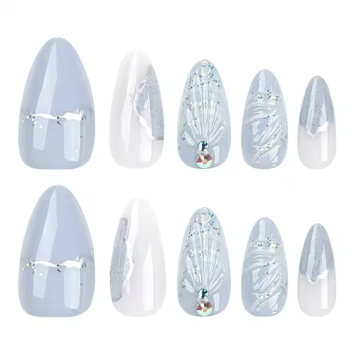 Uñas postizas de Almendra con diseño 3D, grandes y brillantes, color Azul, para Mujer, 24 Unidades - 1