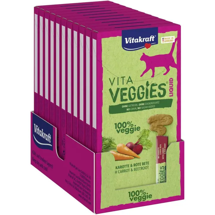 VITAKRAFT - Vita Veggies Snack Líquido Para Gatos 100% Natural Sabor Zanahoria y Remolacha, Sin Azúcar (Pack 11x90g) - 1