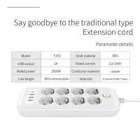 Enchufe Inteligente Con 8 Salidas Y Cable De Extensión De 2m EU Plug Con Filtro De Red Y 3USB Tipo C Carga Rápida PD Protección Contra Sobrecargas Y Surges - details 6