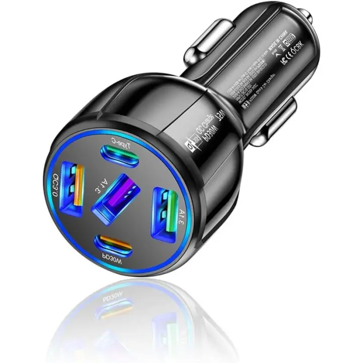 Cargador de coche ultrarrápido de 75 W, 30 W/QC3.0/Type C, 5 Puertos, derivación inteligente, adaptador de Coche de 12 voltios, Cargador USB para encendido de cigarrillos - 1